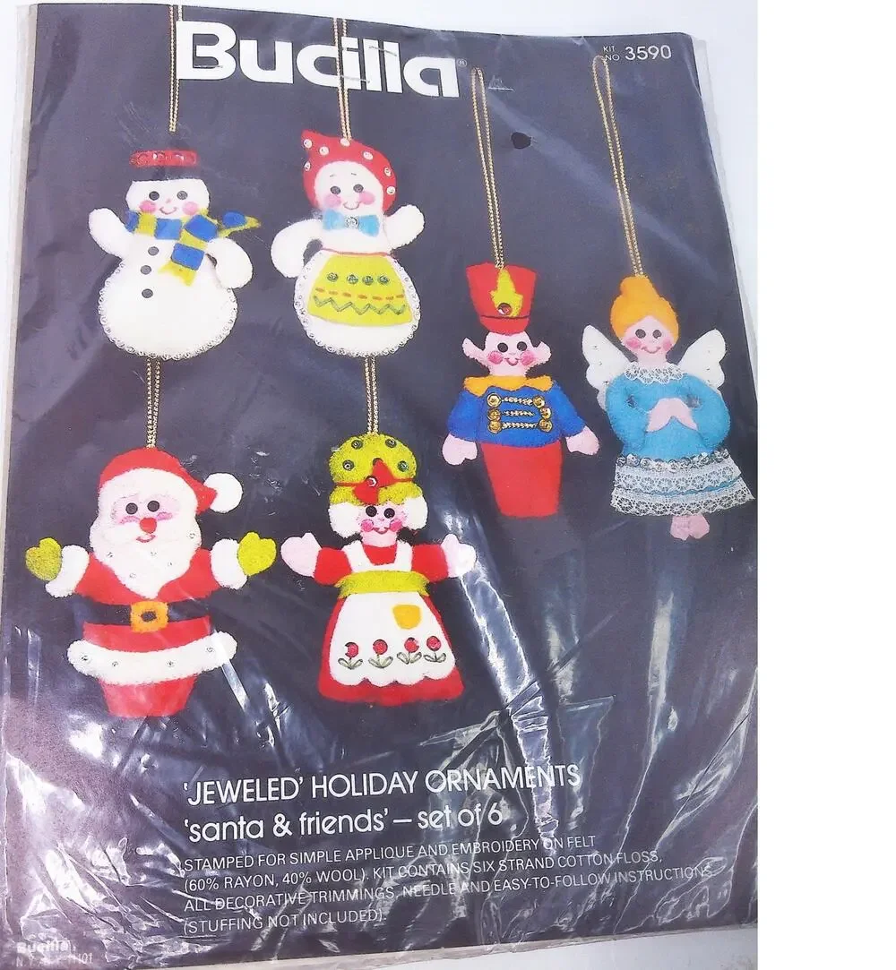 Vintage Bucilla Jeweled Holiday Ornaments Santa And Friends Set of 6 New 3590